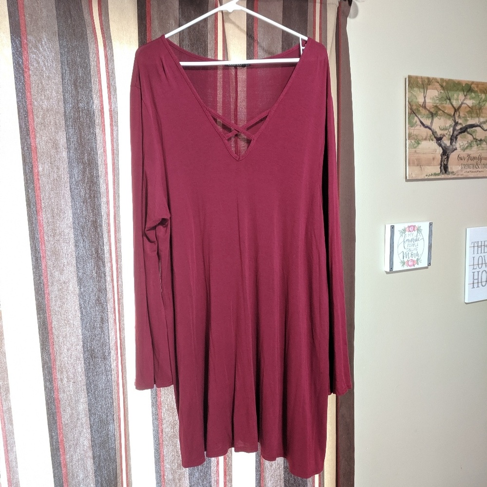 Wine Latticed Tunic Dress